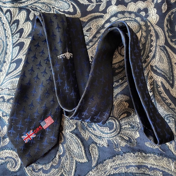Leonard Hudson London navy BLUE skinny Tie GR5 Jet UK USA Flag Men polyester VTG - Picture 1 of 13